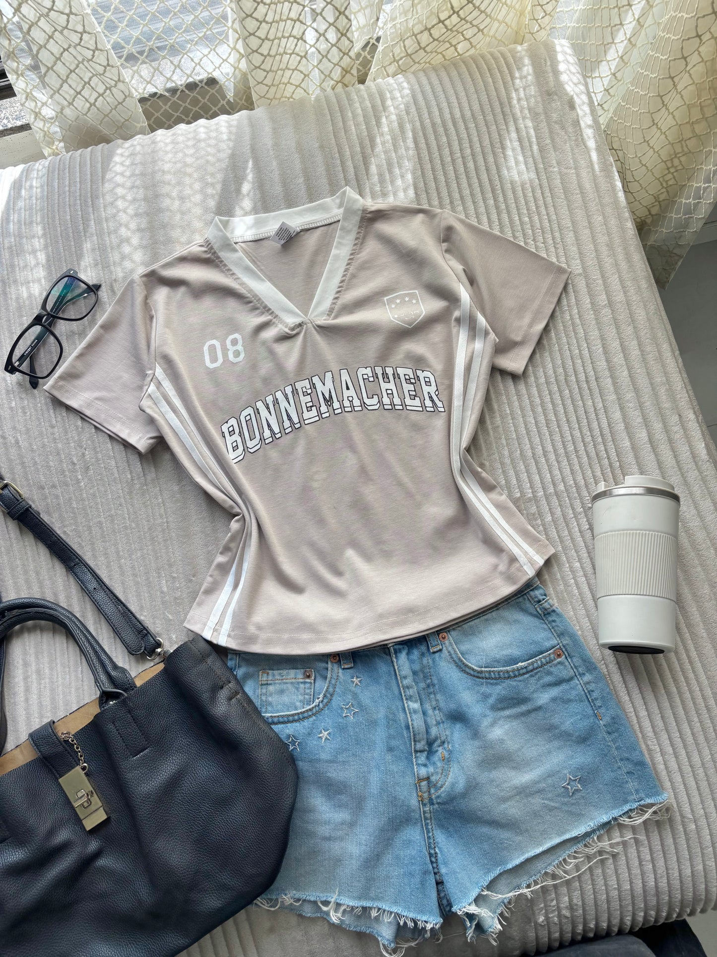 Beige Varsity V-neck Jersey