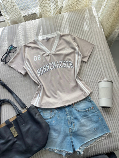Beige Varsity V-neck Jersey