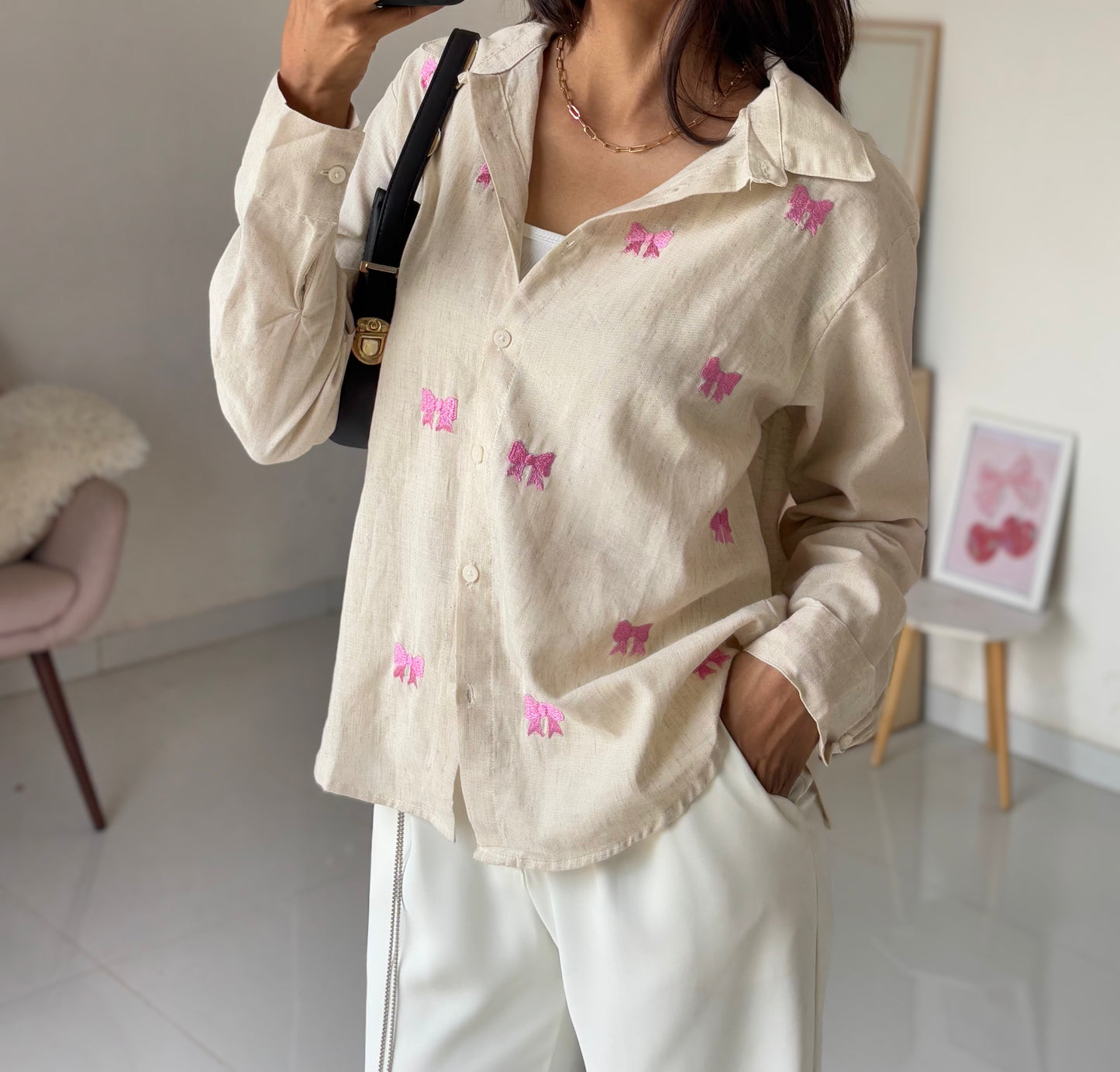 Bow Embroidery Shirt (Beige)