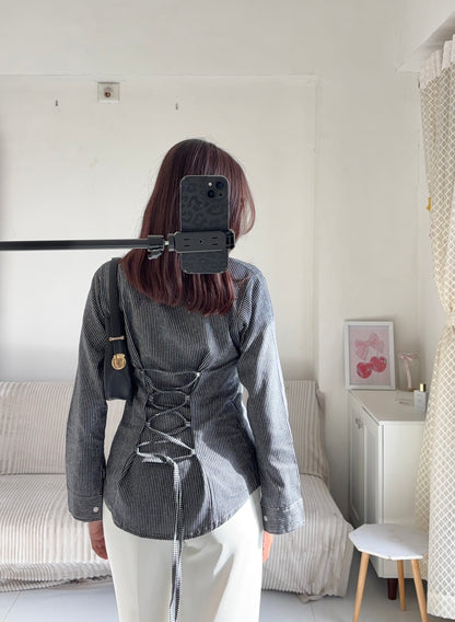 Black & Grey Striped Fitted Shirt (Corset back)