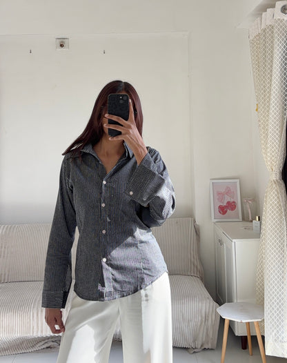 Black & Grey Striped Fitted Shirt (Corset back)