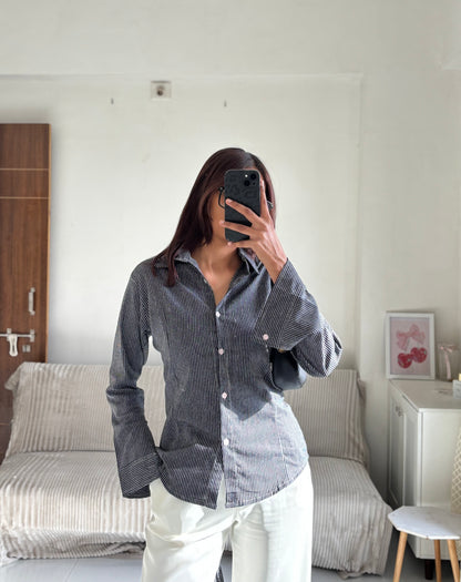 Black & Grey Striped Fitted Shirt (Corset back)