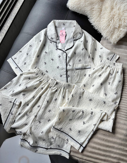 Tiny Bow Beige 3 Piece Night Suit