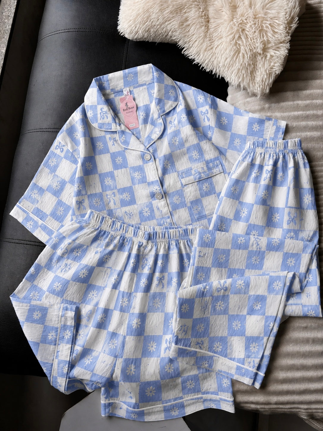 Blue Daisy Checked 3 Piece Night Suit