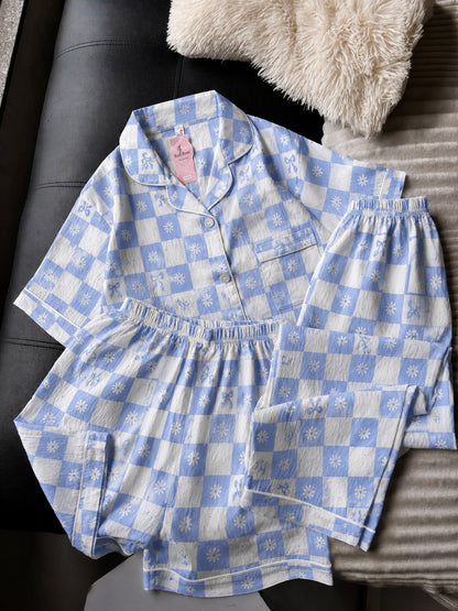 Blue Daisy Checked 3 Piece Night Suit