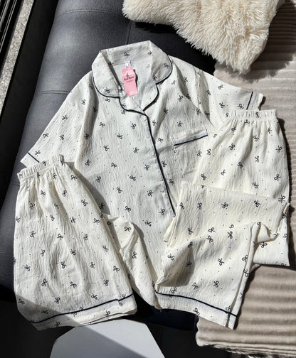 Tiny Bow Beige 3 Piece Night Suit