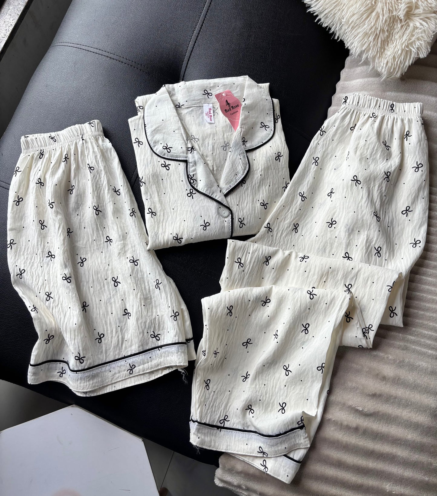 Tiny Bow Beige 3 Piece Night Suit
