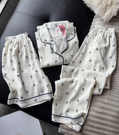 Tiny Bow Beige 3 Piece Night Suit