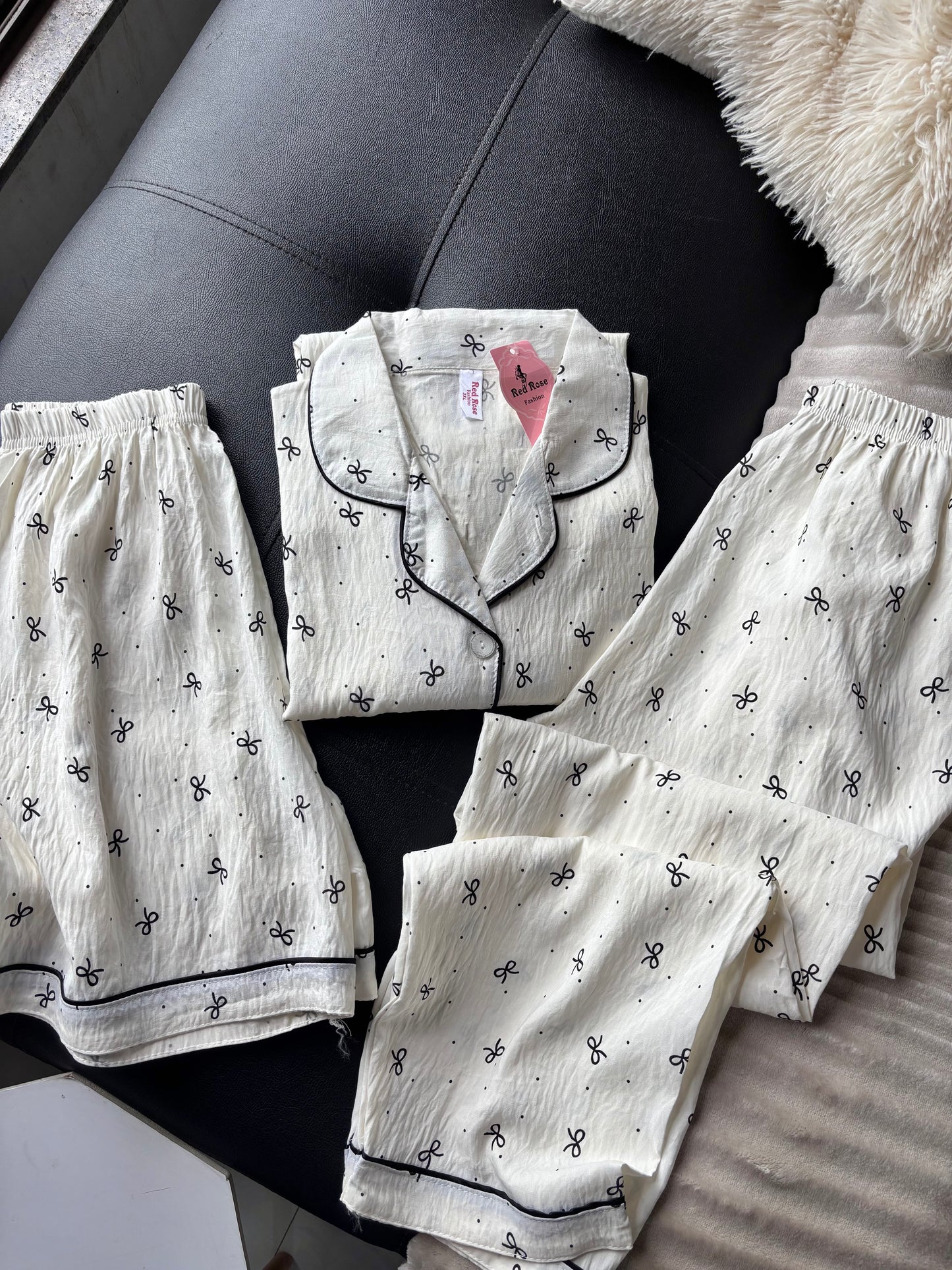Tiny Bow Beige 3 Piece Night Suit