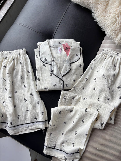 Tiny Bow Beige 3 Piece Night Suit