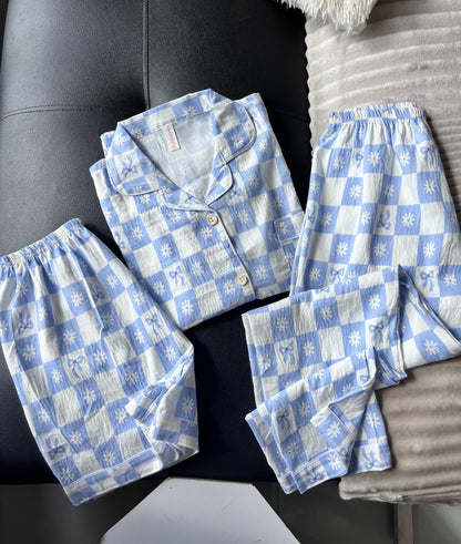 Blue Daisy Checked 3 Piece Night Suit