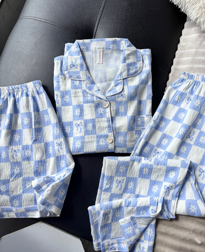 Blue Daisy Checked 3 Piece Night Suit
