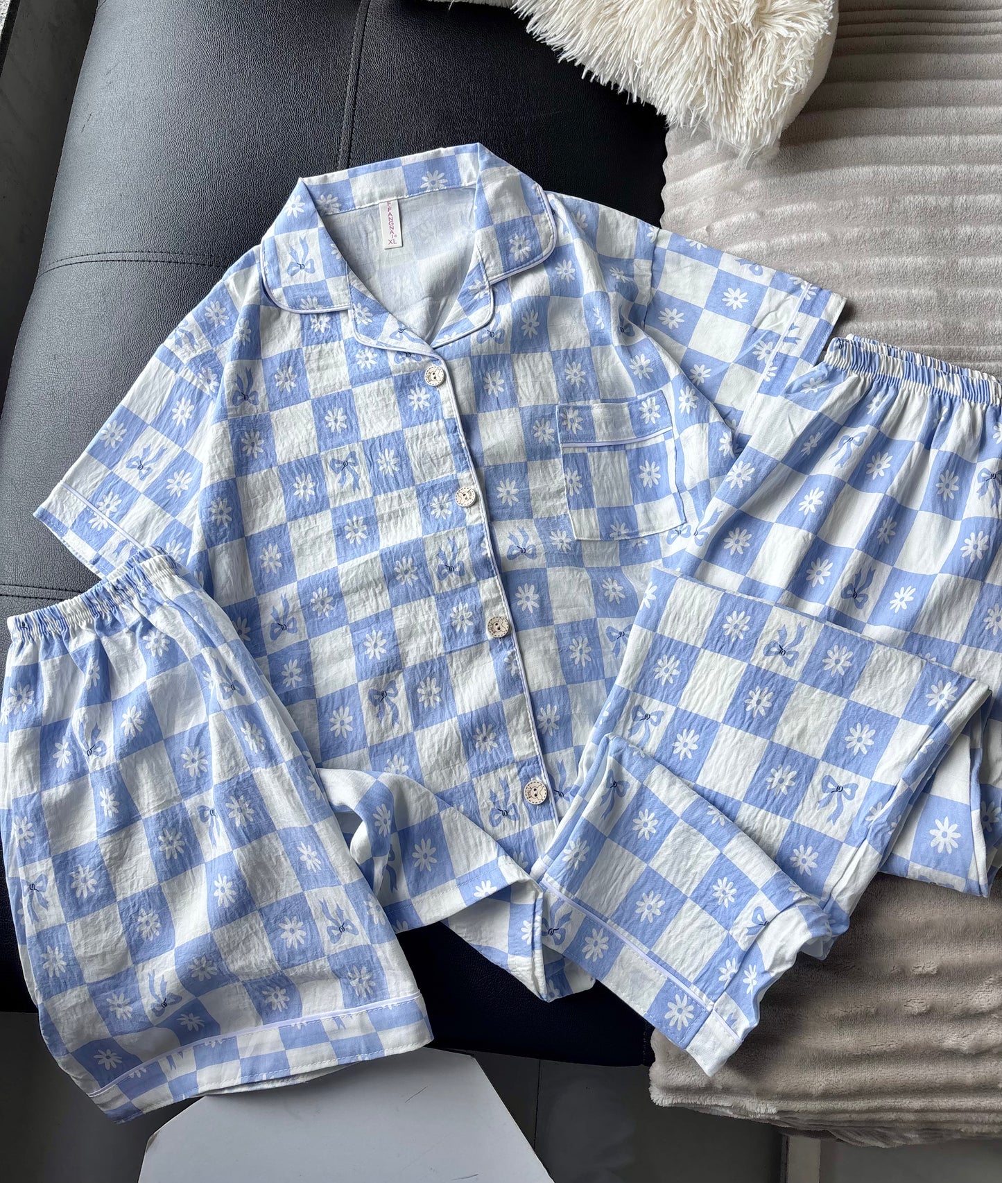 Blue Daisy Checked 3 Piece Night Suit