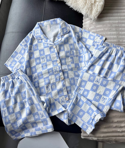 Blue Daisy Checked 3 Piece Night Suit