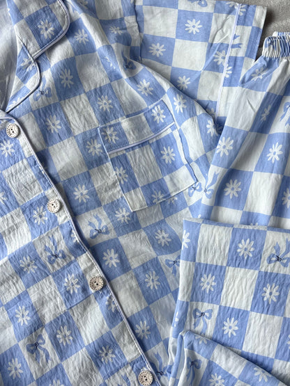 Blue Daisy Checked 3 Piece Night Suit