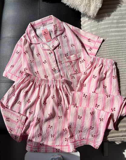 Rosy Stripes 3 Piece Night Suit