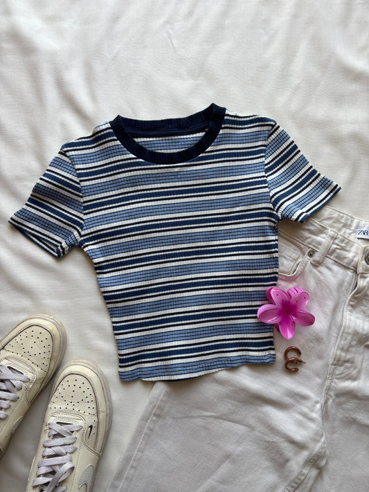 Blue Striped Crop T-shirt