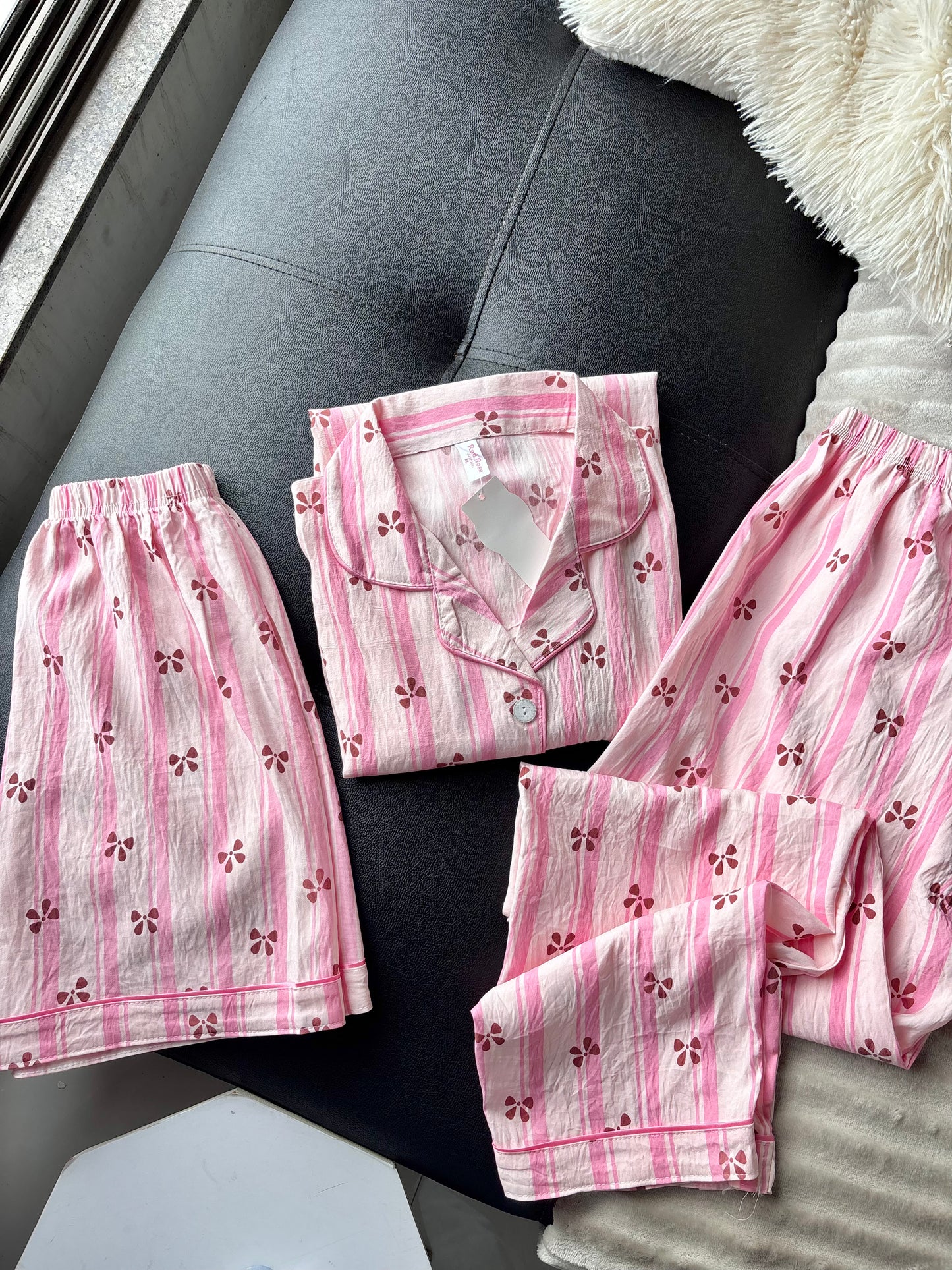 Rosy Stripes 3 Piece Night Suit