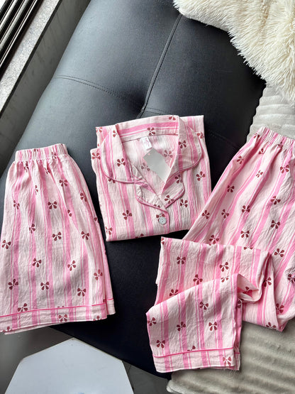 Rosy Stripes 3 Piece Night Suit