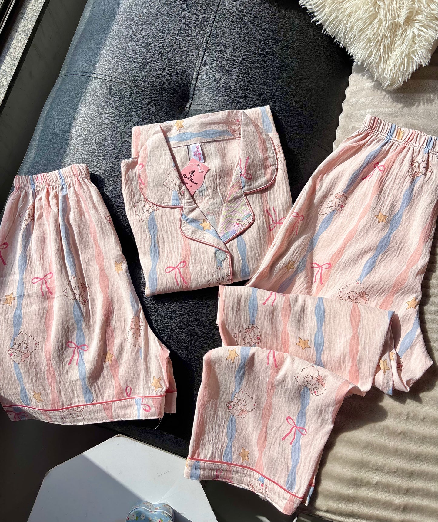 Pastel Ribbon 3 Piece Night Suit
