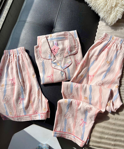 Pastel Ribbon 3 Piece Night Suit