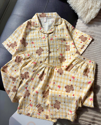 Butter Yellow Teddy Checked 3 Piece Night Suit
