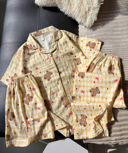 Butter Yellow Teddy Checked 3 Piece Night Suit