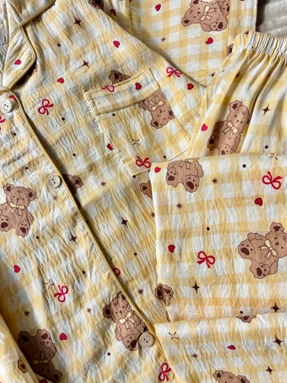 Butter Yellow Teddy Checked 3 Piece Night Suit