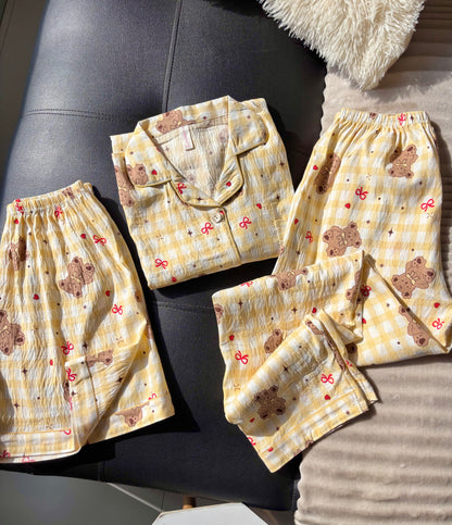 Butter Yellow Teddy Checked 3 Piece Night Suit
