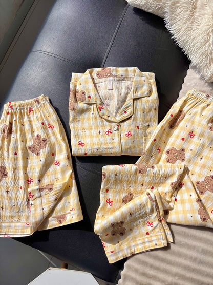 Butter Yellow Teddy Checked 3 Piece Night Suit