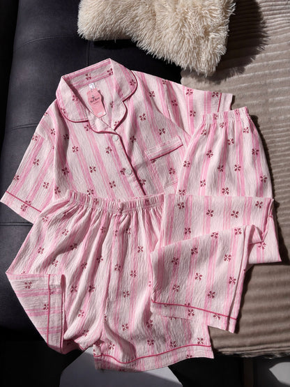 Rosy Stripes 3 Piece Night Suit