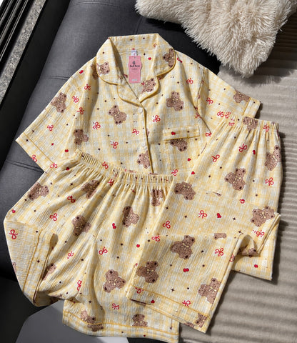 Butter Yellow Teddy Checked 3 Piece Night Suit