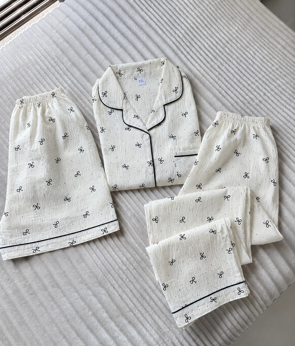 Tiny Bow Beige 3 Piece Night Suit