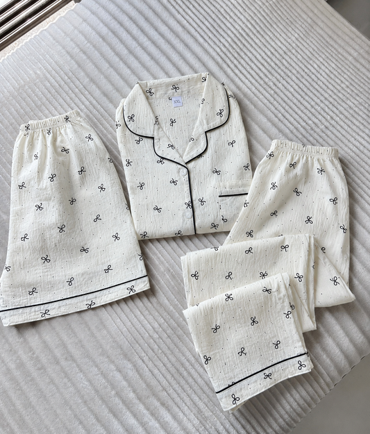 Tiny Bow Beige 3 Piece Night Suit