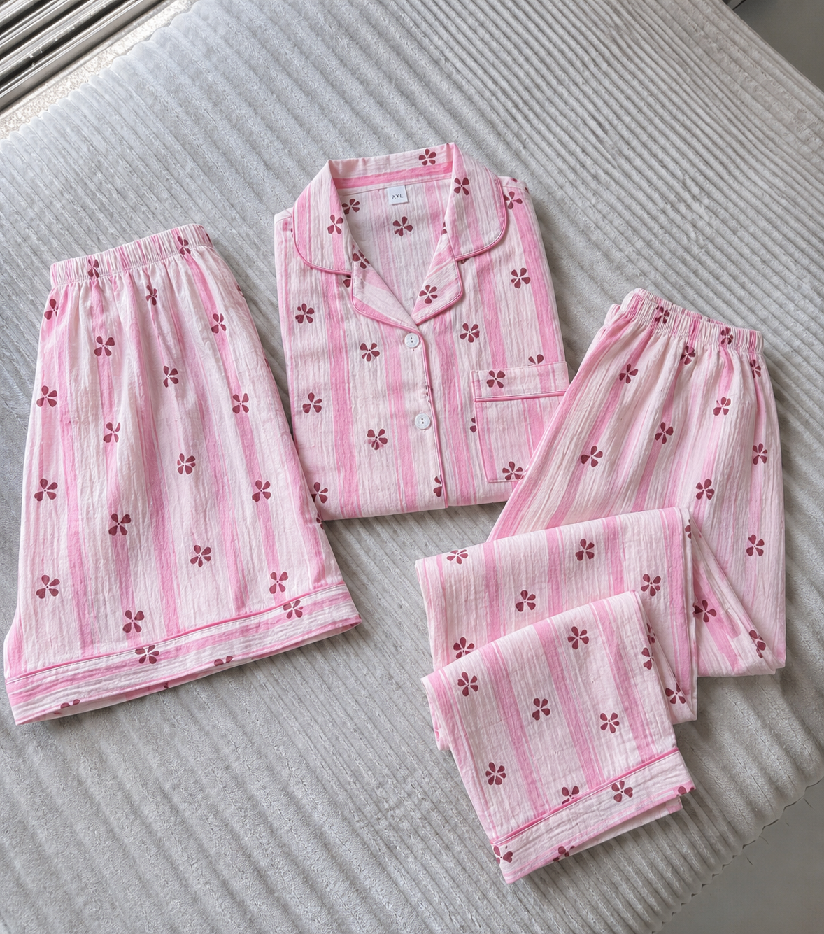 Rosy Stripes 3 Piece Night Suit
