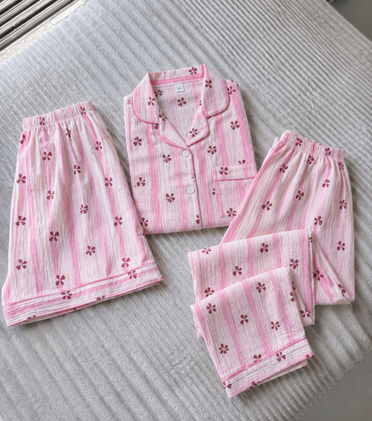 Rosy Stripes 3 Piece Night Suit