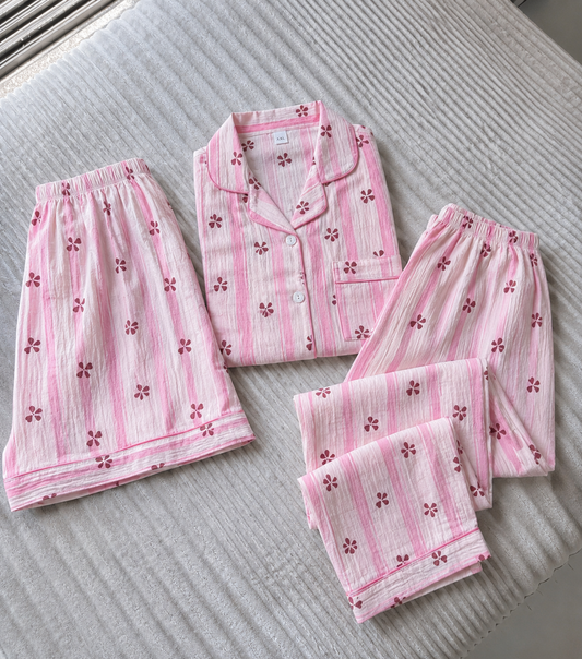Rosy Stripes 3 Piece Night Suit