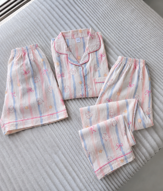 Pastel Ribbon 3 Piece Night Suit