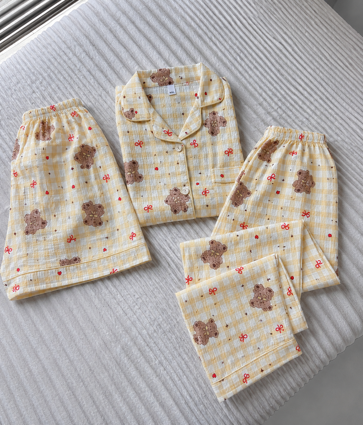 Butter Yellow Teddy Checked 3 Piece Night Suit