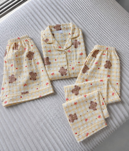 Butter Yellow Teddy Checked 3 Piece Night Suit