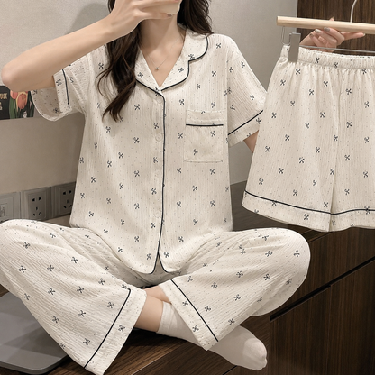 Tiny Bow Beige 3 Piece Night Suit