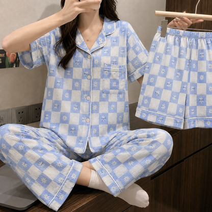 Blue Daisy Checked 3 Piece Night Suit