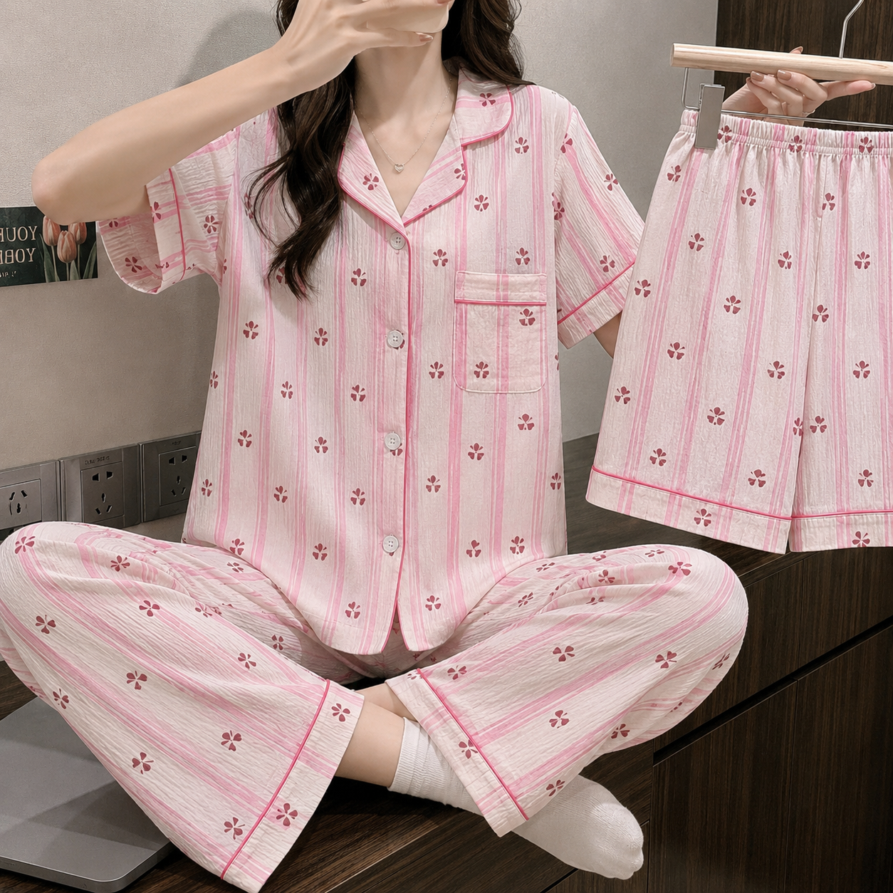 Rosy Stripes 3 Piece Night Suit