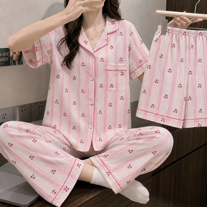 Rosy Stripes 3 Piece Night Suit