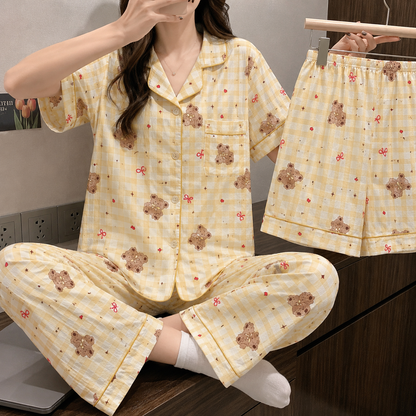 Butter Yellow Teddy Checked 3 Piece Night Suit