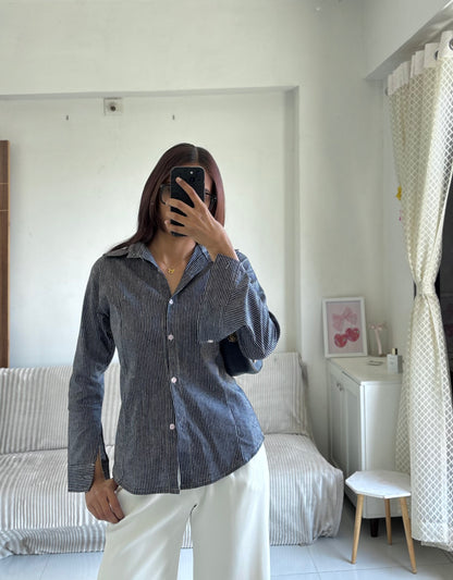 Black & Grey Striped Fitted Shirt (Corset back)