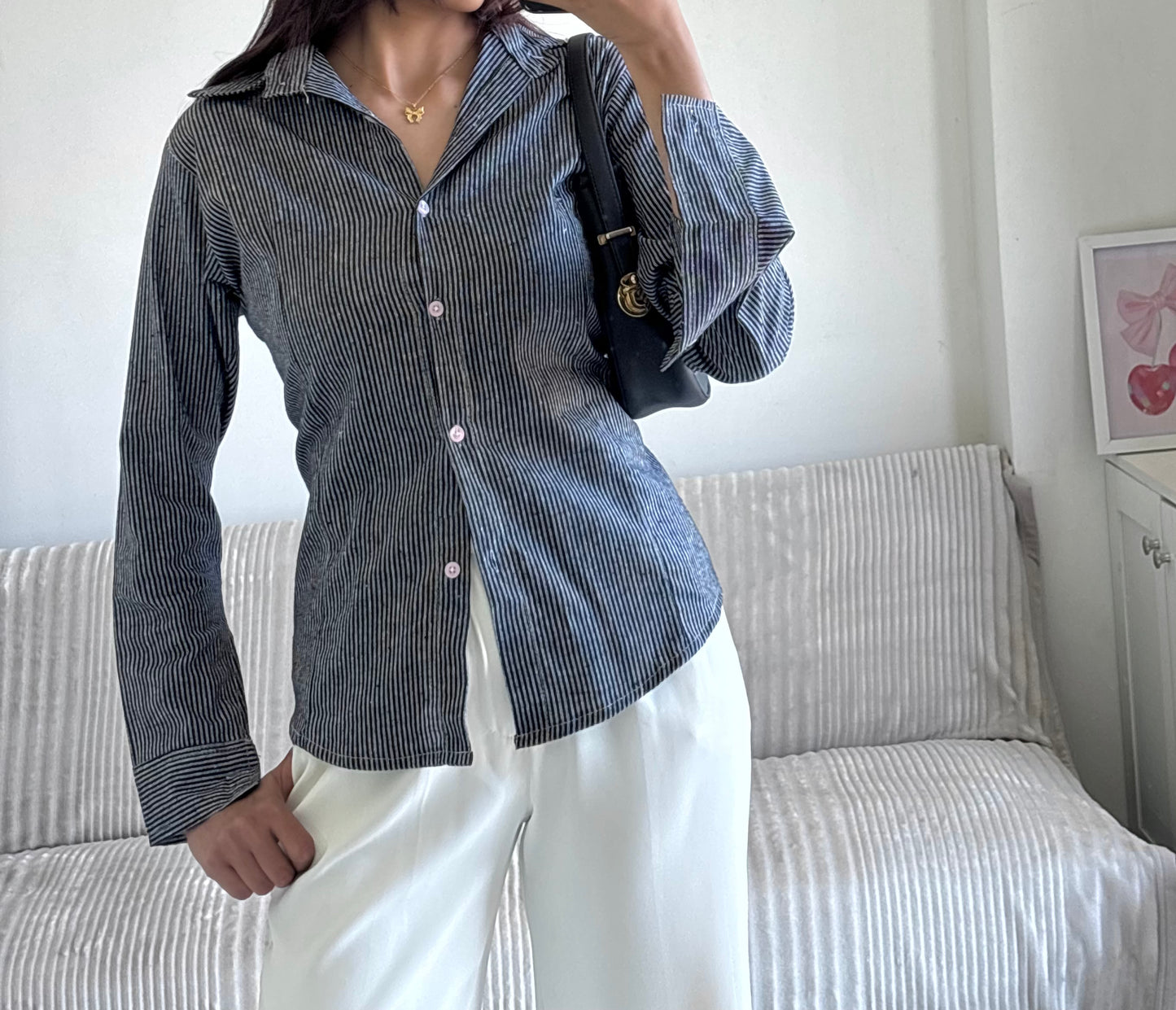 Black & Grey Striped Fitted Shirt (Corset back)