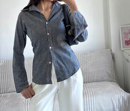 Black & Grey Striped Fitted Shirt (Corset back)