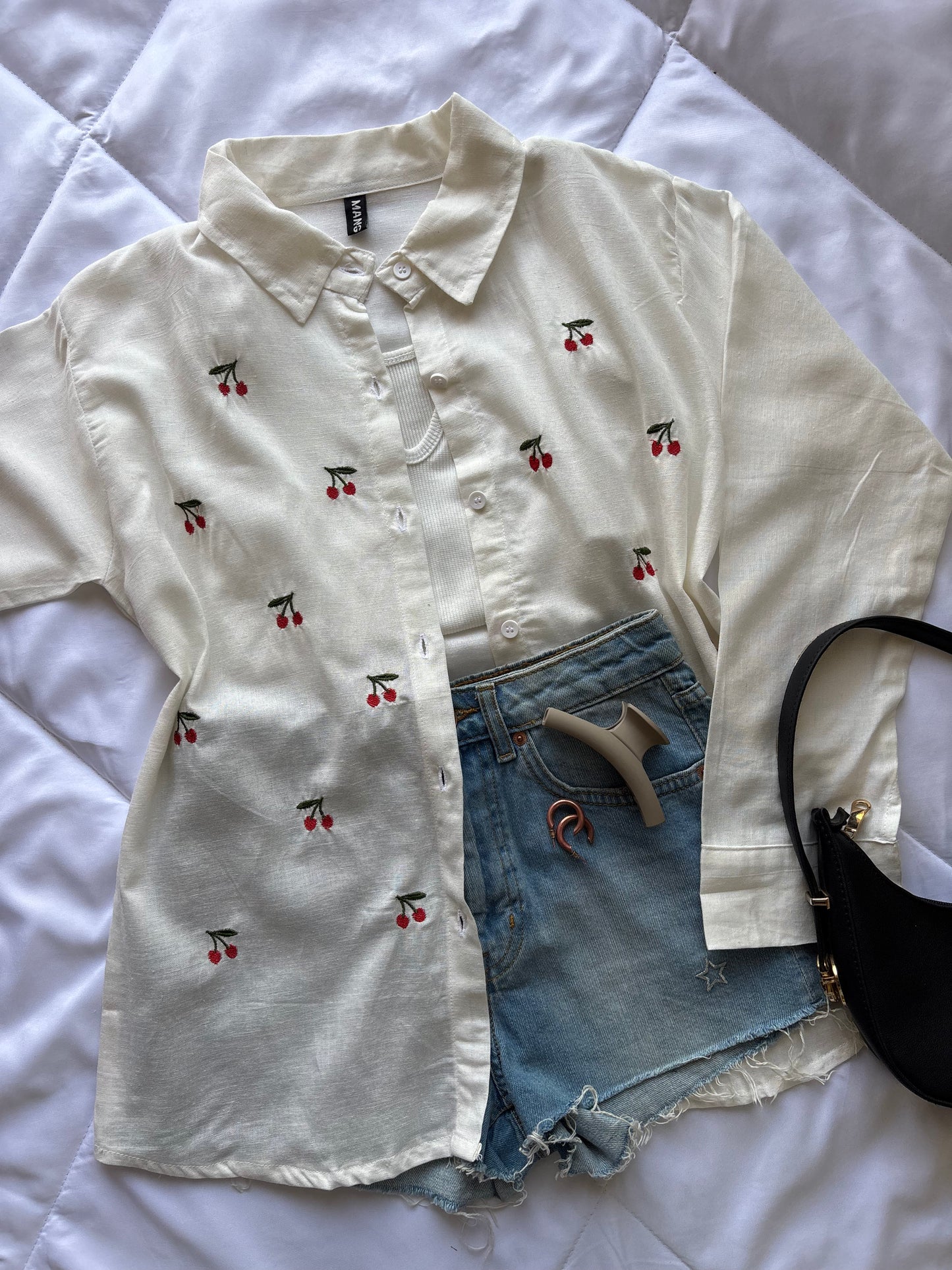 Cherry Embroidery White Shirt