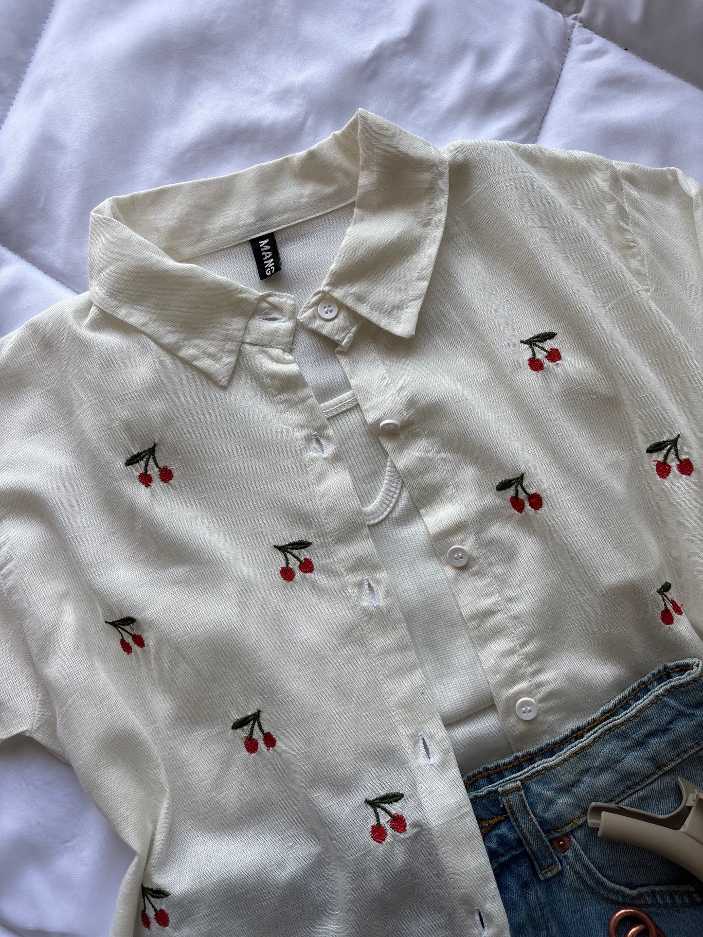 Cherry Embroidery White Shirt